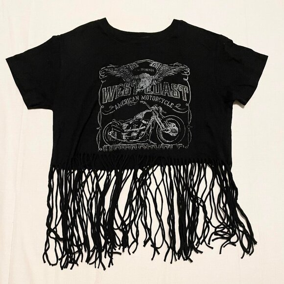 Forever 21 Biker Fringed Crop Tshirt Womens Size Small Motorcycle Shirt - Picture 1 of 15
